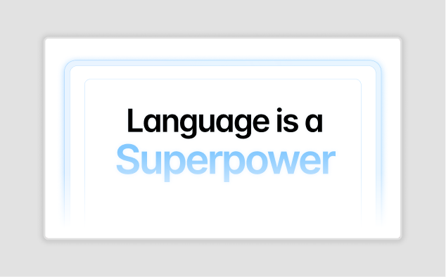A design by Ruslan Mukhamedvaleev, featuring 'Language is a superpower' on a white background written out in a baby blue neon color