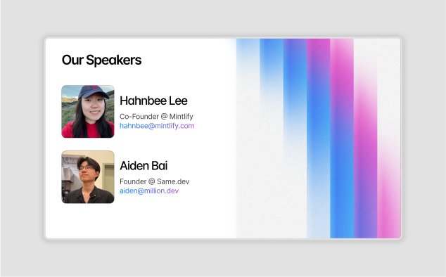 A design by Ruslan Mukhamedvaleev, for 'Women Builders After Party' an event organized as an after party for the YC AI school 2025. This is a slide introducing the speakers, including 'Aiden Bai' and 'Hahnbee Lee'.
